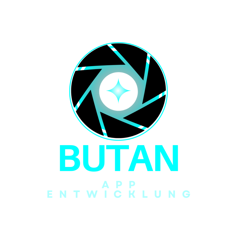 Logo von Butan, bestehend aus einem glänzenden Kameraobjektiv mit stilisiertem Schriftzug.